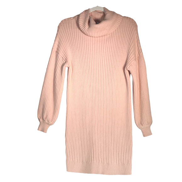 Pale Pink Sweater Dress Women Small Cowl Neck Balloon Sleeves Ribbed Boho - Picture 1 of 6